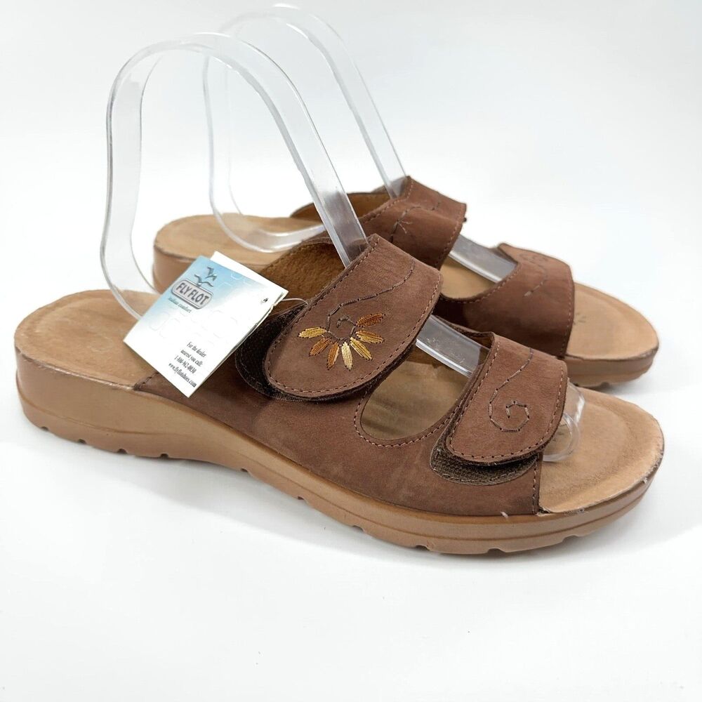 Fly Flot Double Leather Strap Sandal Open Toe Slide Comfort Brown Womens 41 / 9